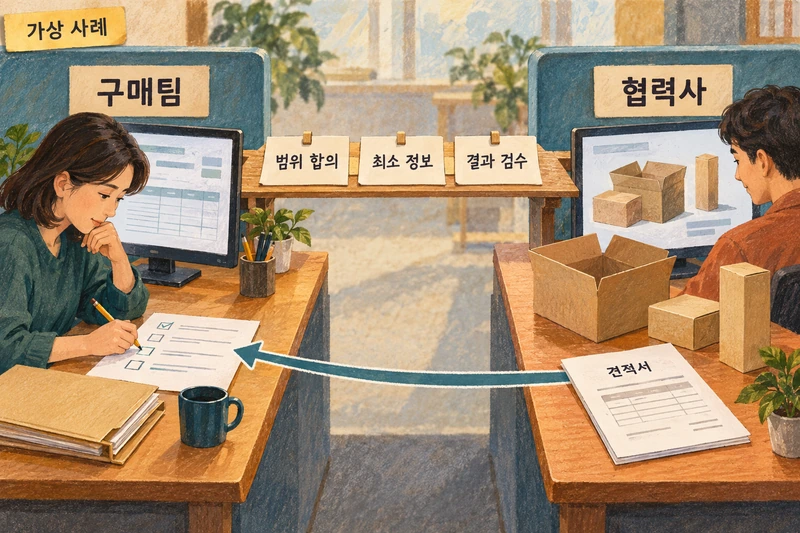 가상 구매팀과 협력사가 범위·최소 정보·결과 검수 기준을 정하고 돌아온 견적을 사람이 검토하는 장면