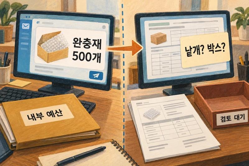 가상 구매팀이 완충재 500개 견적을 요청하고 낱개·박스 단위 확인과 견적 검토를 기다리는 장면