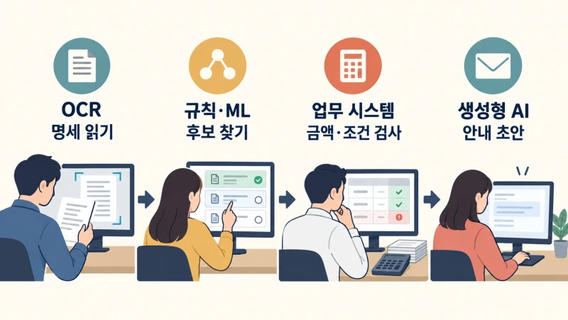 문서 추출·매칭 후보 추천·시스템 금액 검사·AI 안내 초안의 역할을 구분하는 도해
