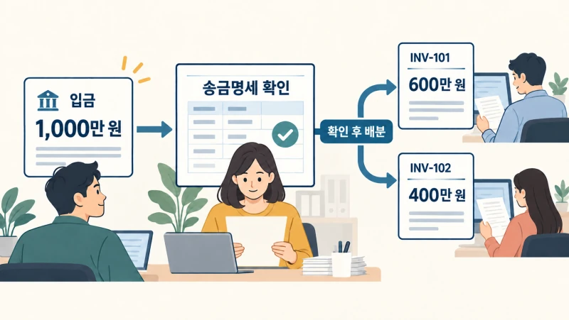 가온상사 입금 1,000만 원을 송금명세에 따라 INV-101 600만 원과 INV-102 400만 원에 연결하는 가상 도해