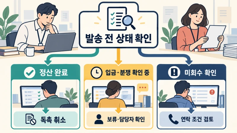 발송 직전 상태를 확인해 정산 완료는 독촉 취소, 확인 중은 보류, 실제 미회수 건은 대응으로 나누는 도해