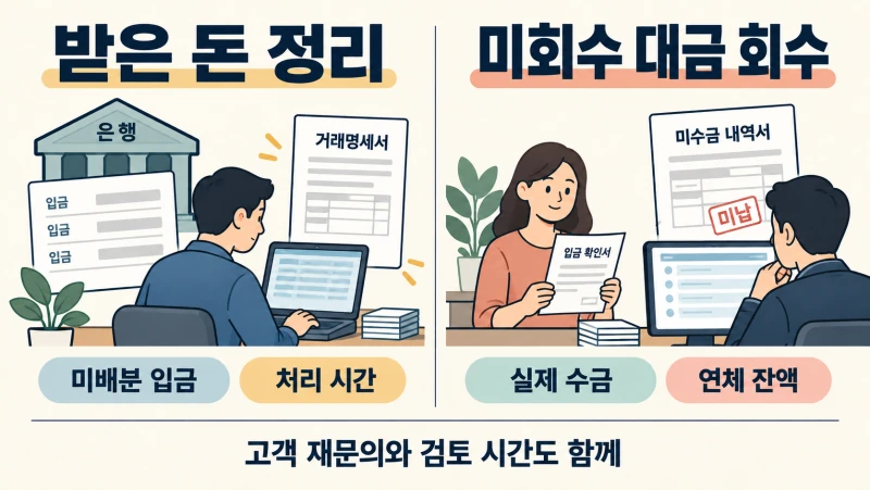 이미 받은 돈의 입금 배분 성과와 실제 미회수 대금 회수 성과를 구분하는 비교