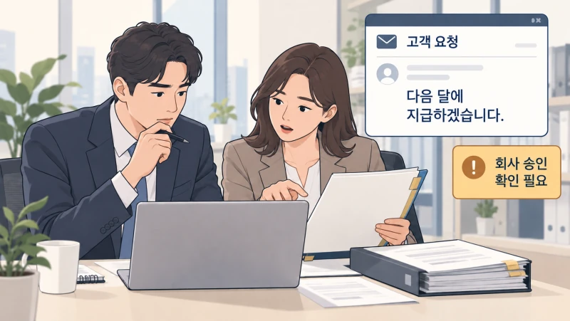 영업과 재무 담당자가 고객의 지급기일 변경 요청과 회사 승인 여부를 함께 확인하는 가상 장면