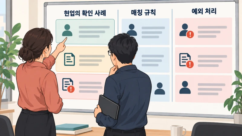 현업 담당자와 엔지니어가 입금 매칭 사례를 검토해 공용 규칙과 예외 처리 기준으로 정리하는 가상 장면
