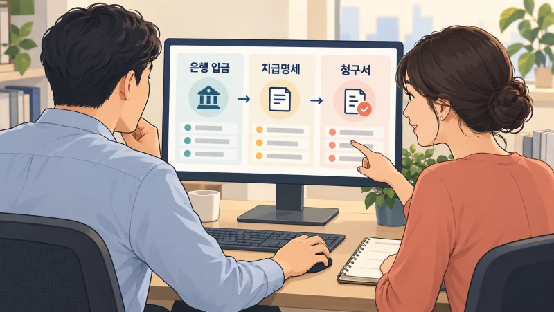 입금 처리 담당자와 회수 담당자가 은행 내역과 지급명세를 같은 화면에서 확인하는 가상 업무 장면