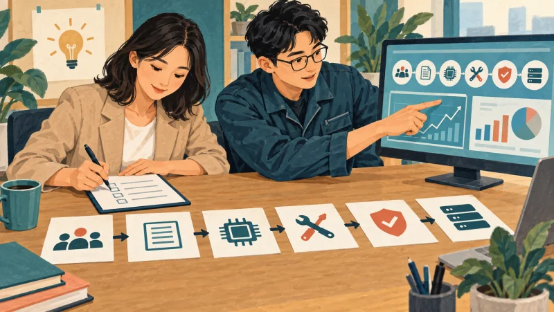 현업의 완료 기준과 실행 기록을 함께 정리하는 업무 담당자와 엔지니어의 가상 협업 장면