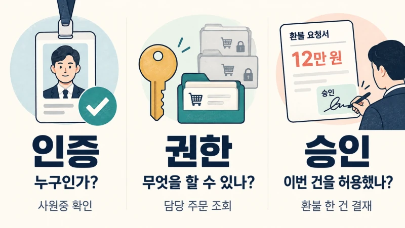 인증은 신원 확인, 권한은 담당 주문 조회 범위, 승인은 이번 12만 원 환불의 결정을 뜻하는 개념 비교