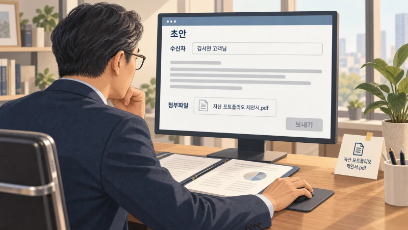담당자가 AI가 작성한 고객 메일 초안을 읽고 수신자와 첨부파일을 확인하는 AI 생성 가상 장면으로 실제 Morgan Stanley 화면이나 현장은 아님