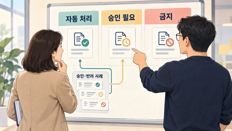 현업 담당자와 엔지니어가 승인·반려 사례를 함께 검토하며 자동 처리·승인 필요·금지 조건을 정하는 AI 생성 가상 협업 장면