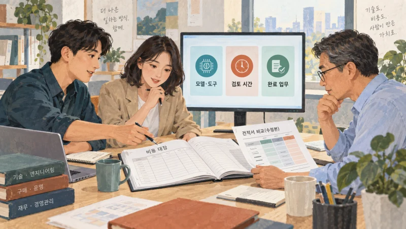 개발과 구매 및 재무 담당자가 업무 비용과 완료 결과를 함께 확인하는 모습