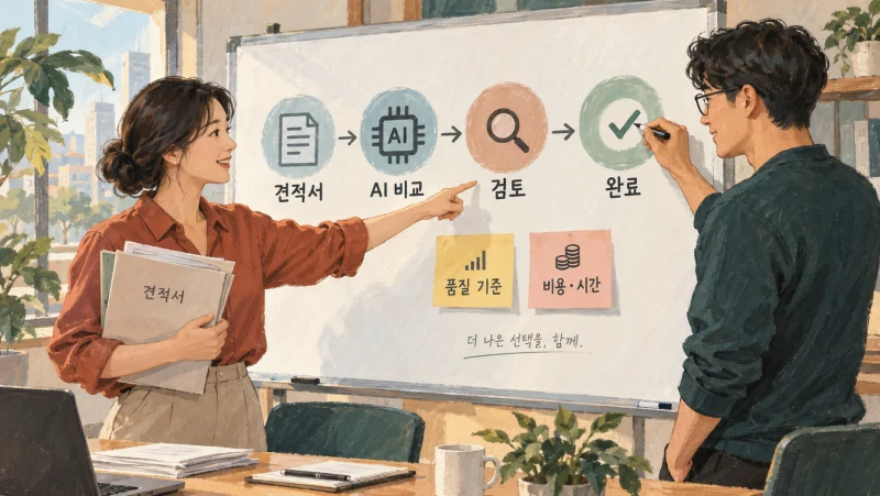 구매 담당자와 엔지니어가 견적서 업무의 품질 기준과 비용을 함께 정의하는 모습
