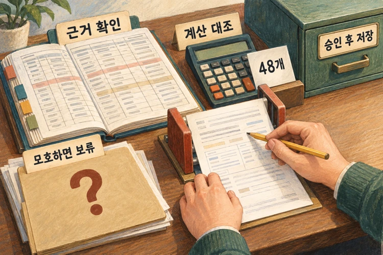 담당자가 원장 근거와 48개 계산 결과를 대조하고 모호한 초안은 보류하며 승인 후 저장을 확인하는 작업대