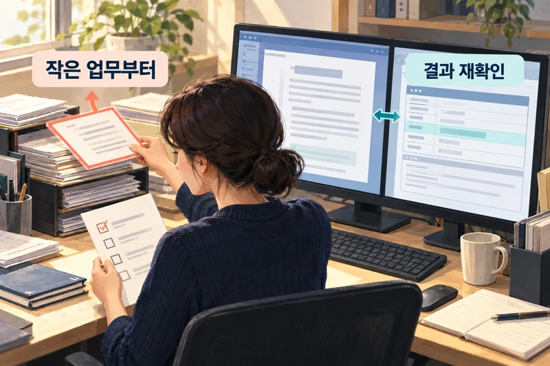 작은 업무부터 선택하고 저장된 결과를 다시 확인하는 담당자