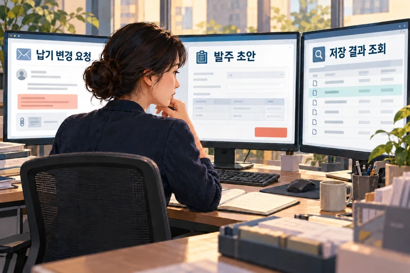 납기 변경 요청과 발주 초안을 대조하고 저장 결과를 조회하는 구매팀 직원