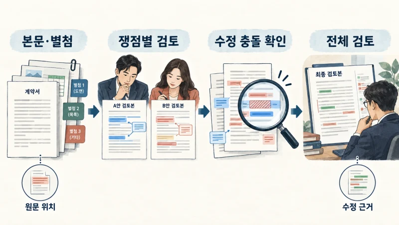 본문과 별첨을 읽고 쟁점별 수정안을 통합 검토하는 흐름