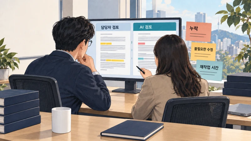 담당자와 AI의 검토 결과를 비교하고 누락과 재작업을 확인하는 장면