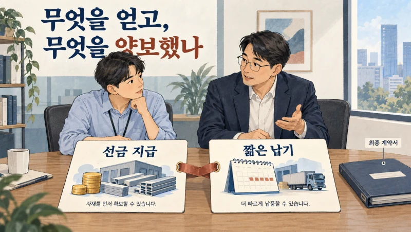 선금 지급과 짧은 납기를 함께 합의한 가상의 거래 예시