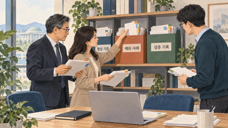 협상 기준과 예외 사례·검증 기록을 조직에 남기는 장면