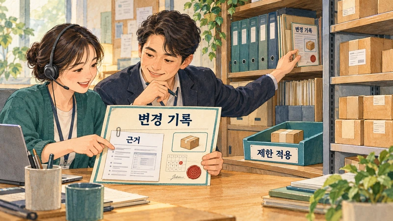 현업 담당자와 정책 소유자가 근거·범위·만료가 담긴 변경 기록을 함께 확인하는 장면