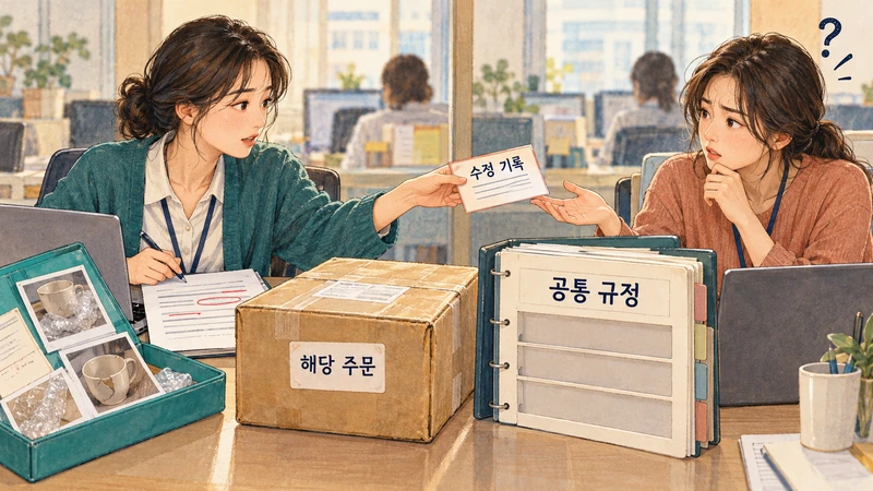 교대 담당자에게 해당 주문의 수정 기록을 넘기며 공통 규정과 구분하는 고객지원 직원
