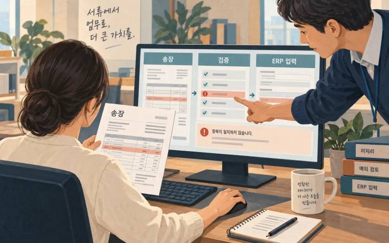 송장 추출 결과의 불일치를 담당자가 확인하고 ERP 입력을 검토하는 업무 예시