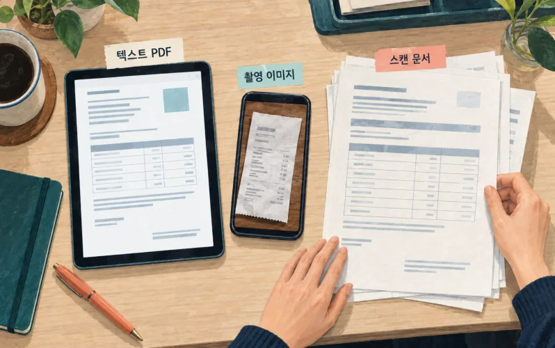 텍스트 PDF와 촬영 이미지, 스캔 문서를 구분해 살펴보는 장면