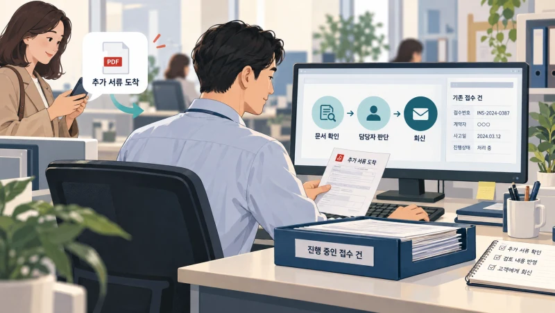 추가 서류를 기존 접수 건에 연결해 검토와 회신을 이어가는 보험 업무 예시