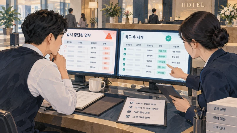 장애로 중단된 결제 관련 업무의 복구와 재개를 확인하는 운영자들