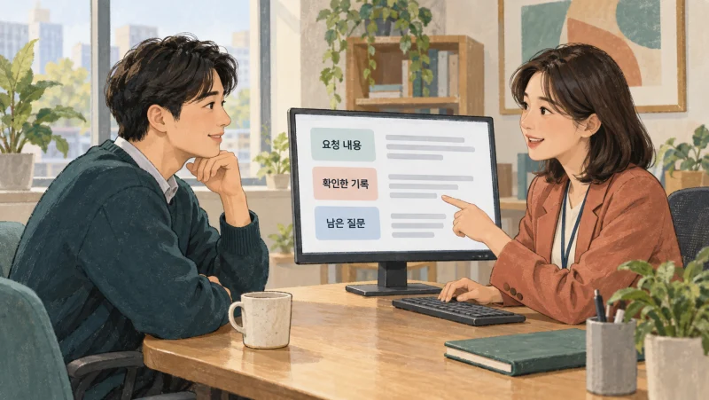 인사 담당자가 요청 내용과 확인한 기록, 남은 질문을 참고하며 직원과 상담하는 모습