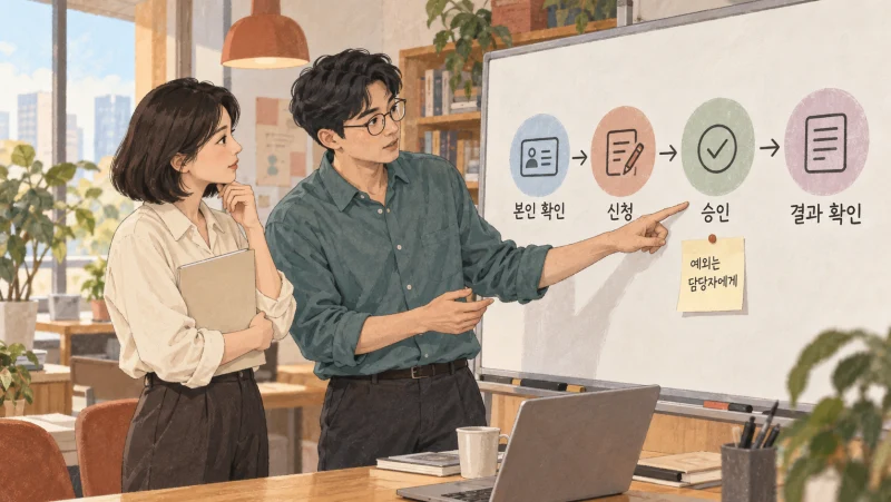 인사 담당자와 엔지니어가 본인 확인부터 신청과 승인 및 결과 확인 절차를 함께 검토하는 모습