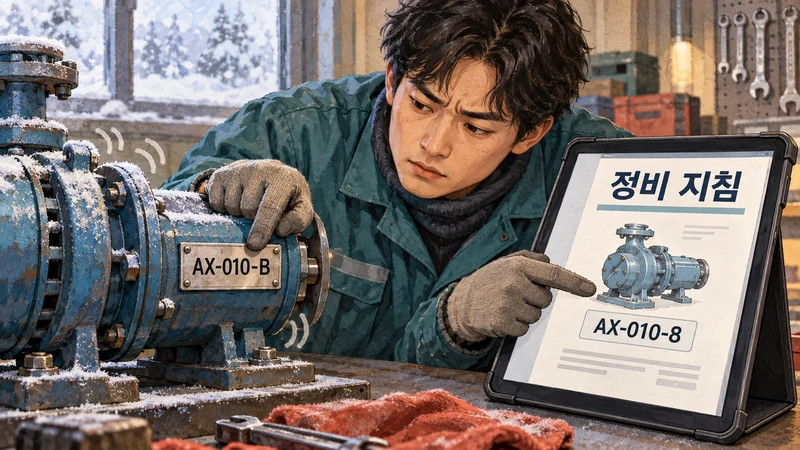 엔지니어가 펌프 명판 AX-010-B와 검색된 정비 지침 AX-010-8의 불일치를 발견하는 장면
