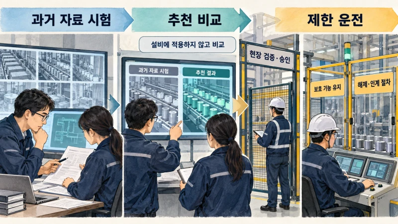 과거 자료 시험·추천 비교·제한 운전과 현장 승인 및 보호 기능을 구분하는 검증 도해