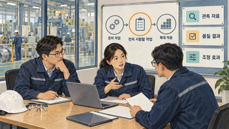 생산·품질·설비 담당자가 반복 조정 작업 하나를 골라 시험 계획을 세우는 장면