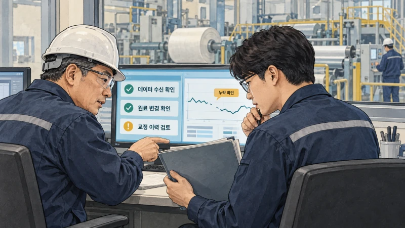 현업 담당자와 엔지니어가 데이터 누락과 변경 조건을 함께 점검하는 가상 장면