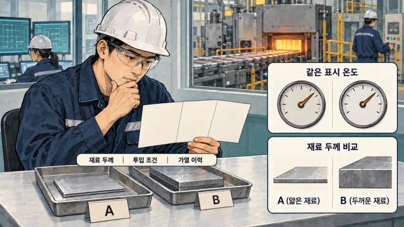 같은 온도 표시라도 재료 두께와 투입 조건·가열 이력에 따라 판단이 달라질 수 있는 예시