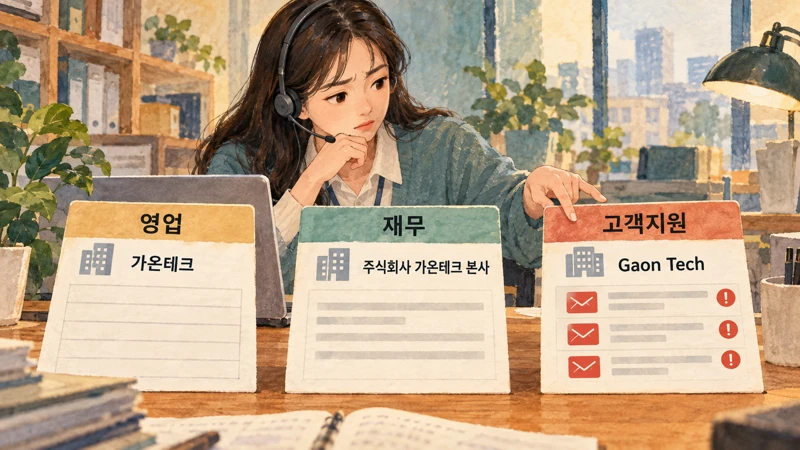 영업·재무·고객지원에 다른 이름으로 남은 가온테크 기록과 누락된 긴급 문의를 대조하는 담당자