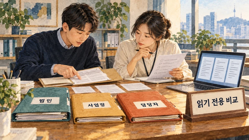 법인·사업장·담당자 기록을 구분하고 원천 자료와 읽기 전용으로 비교하는 두 동료