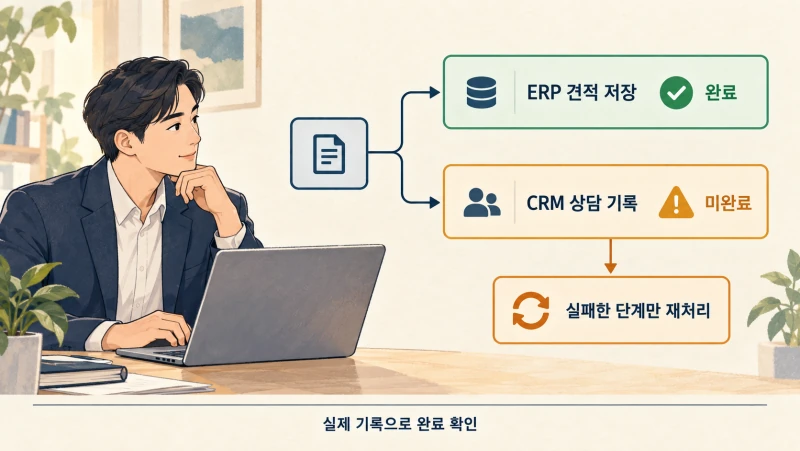 ERP 견적 저장 완료와 CRM 상담 기록 실패를 구분해 실패한 단계만 재처리하는 예시