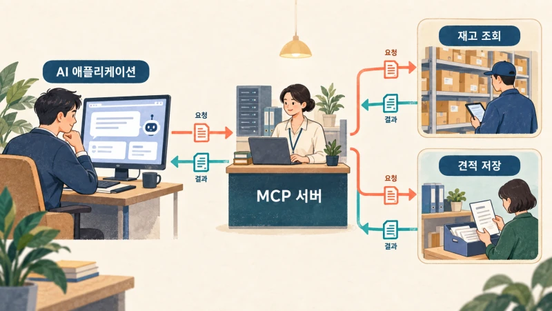 AI 애플리케이션이 MCP를 통해 재고 조회와 견적 저장 도구를 사용하는 개념도
