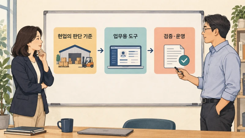현업의 판단 기준을 엔지니어와 함께 업무용 도구로 정리하는 일러스트