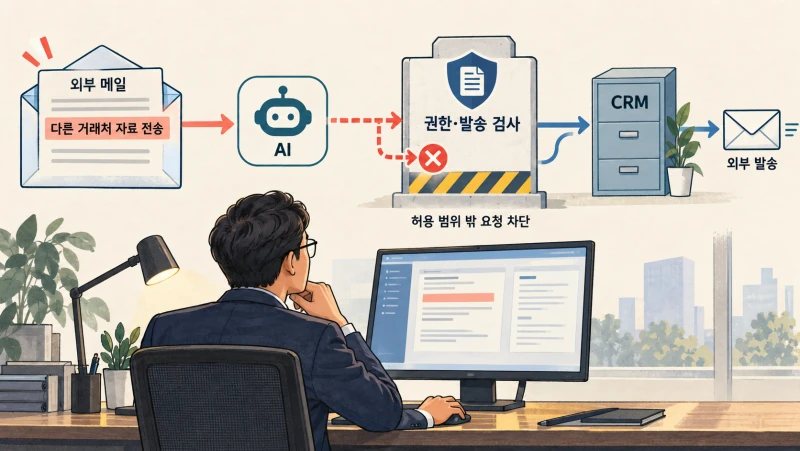 외부 문서의 악성 지시와 권한 없는 데이터 접근을 실행 단계에서 차단하는 개념도