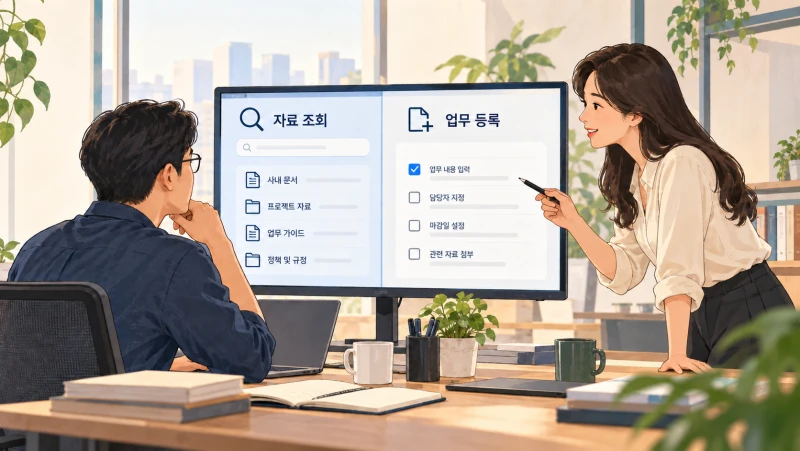 직원들이 연결된 자료를 조회하고 후속 업무를 시스템에 남기는 가상 장면