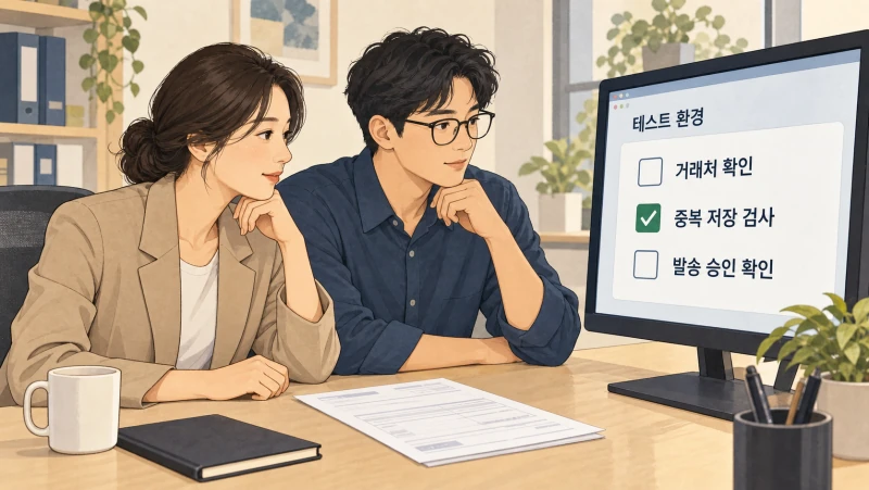 현업 담당자와 엔지니어가 견적 등록 업무를 테스트 환경에서 검증하는 일러스트