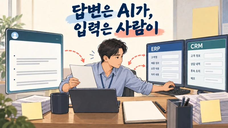 AI의 답변을 ERP와 CRM에 옮겨 입력하는 직원과 끊긴 시스템 연결을 표현한 일러스트