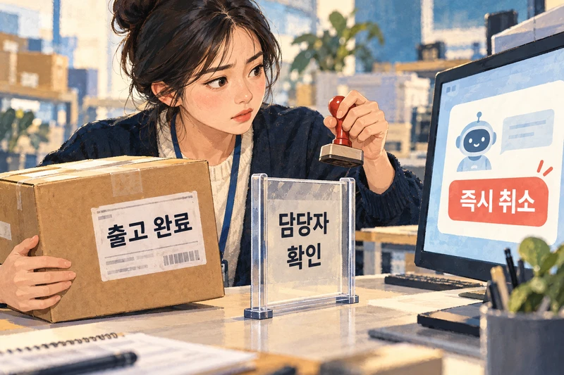 출고 완료 주문의 즉시 취소 제안 앞에서 담당자 확인을 거치려는 고객지원 담당자