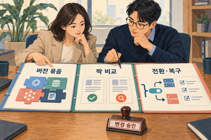버전 묶음과 짝 비교 결과, 전환과 복구 계획을 함께 검토하는 변경 승인 회의