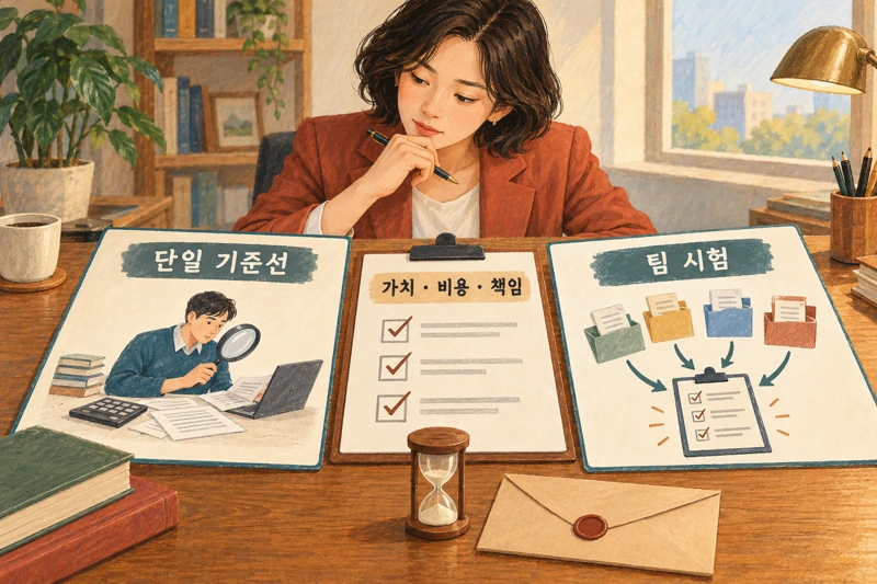 경영자가 단일 에이전트 기준선과 팀 시험을 가치, 비용, 책임 기준으로 비교하며 업무 구조를 결정하는 장면