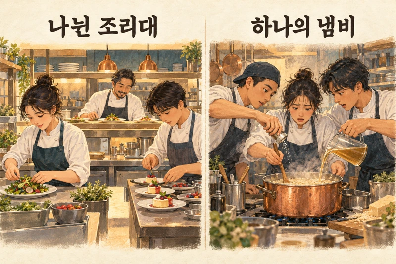 분리된 조리대에서 요리하고 마지막에 확인하는 주방과 여러 요리사가 한 냄비에 동시에 재료를 넣는 주방의 대비