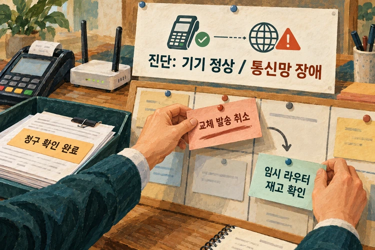 가상 진단에서 기기 정상과 통신망 장애가 확인되어 교체 발송을 취소하고 임시 라우터 재고 확인으로 바꾸되 청구 확인 완료는 유지하는 삽화