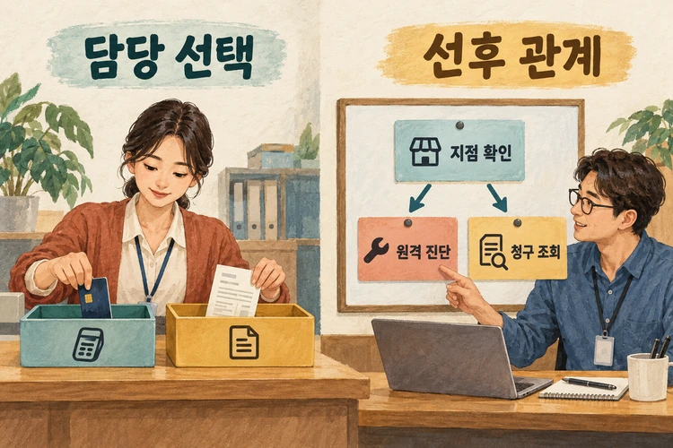 접수 창구의 담당 선택과 프로젝트 매니저의 의존성 조율을 비교하며 지점 확인 뒤 원격 진단과 청구 조회가 병행되는 삽화